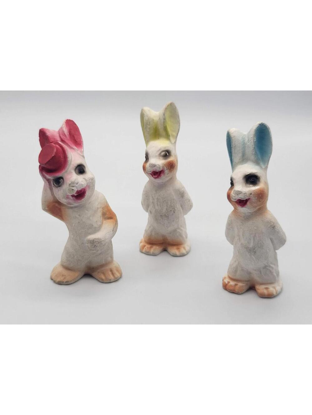Rare Vintage Chalkware Rabbit Bunny Figurines Set Of 3 Small Hand Painted Pastel